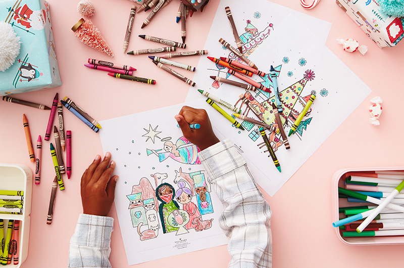 Kids hands coloring Christmas coloring pages