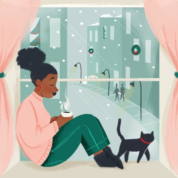 Illustration of a woman sitting in a window seat with a cat at her feet.