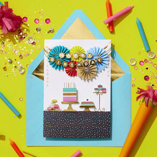 2278_ii_Friend birthday cards decorated with cakes and garland on top of blue envelope against green background with confetti and streamers
