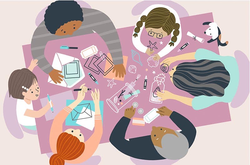 An illustration of a family creating New Year's Eve time capsules.