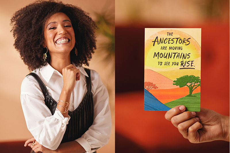 Hallmark Senior Writer Mercedes Lucero pictured next to an Uplifted and Empowered card she wrote.