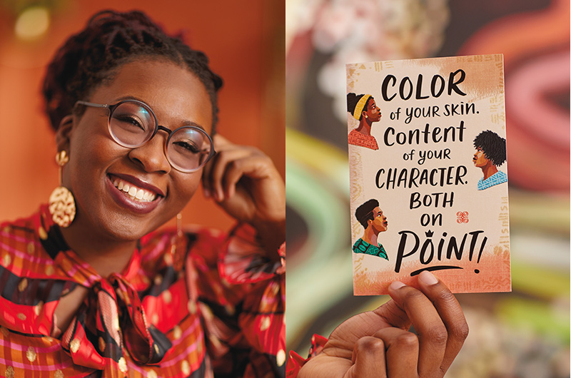 Hallmark Artist Teju Abiola next to an Uplifted and Empowered card that she illustrated.