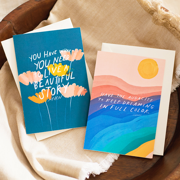 Two Morgan Harper Nichols cards from her Real Stories Collection that read,