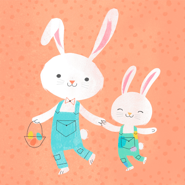 An illustration of a big bunny and a little bunny in overalls, holding hands and walking happily.