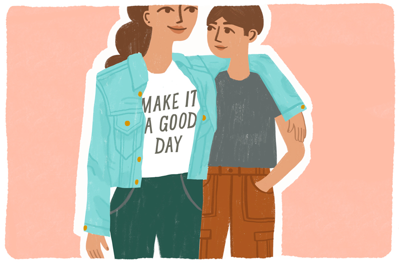 An illustration of a mom with her arm around her child. Her shirt reads,