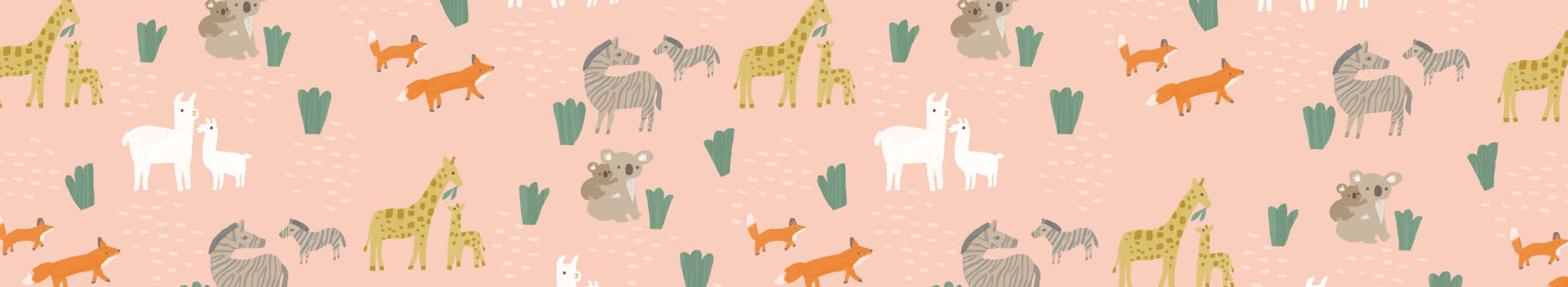 A repeated pattern of illustrated animals with their young, including zebras, giraffes, koalas, and llamas.