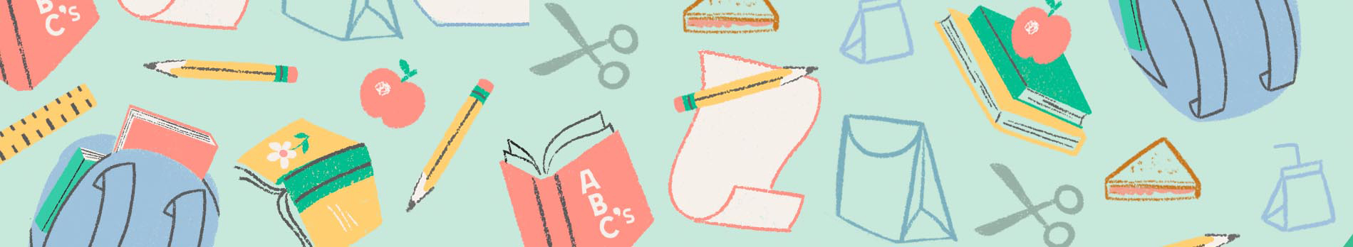 A drawing of a collection of school supplies, including books, pencils, backpacks and notebooks.