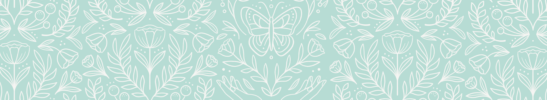A repeated pattern line drawing of butterflies and flowers on an aqua background.