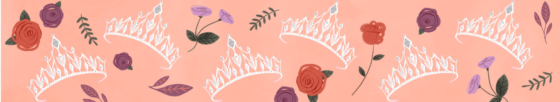 Six quinceañera tiaras surrounded by roses on a peach colored background.