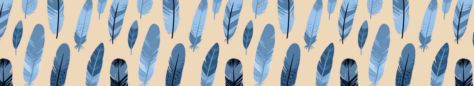 Illustrated feathers in various shades of blue on a beige background.
