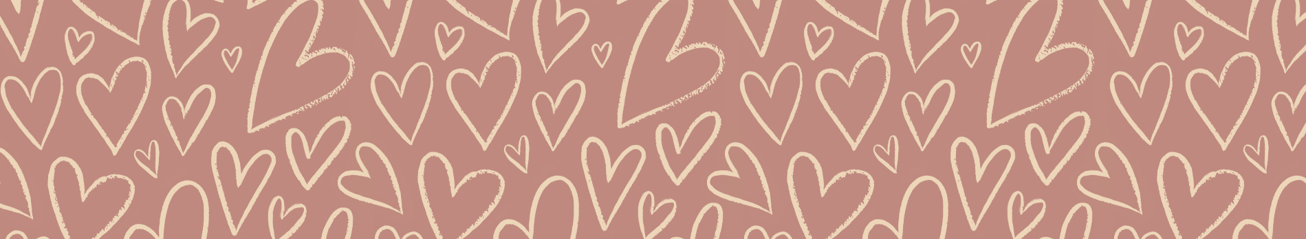 A repeating pattern of heart line drawings on a mauve background.