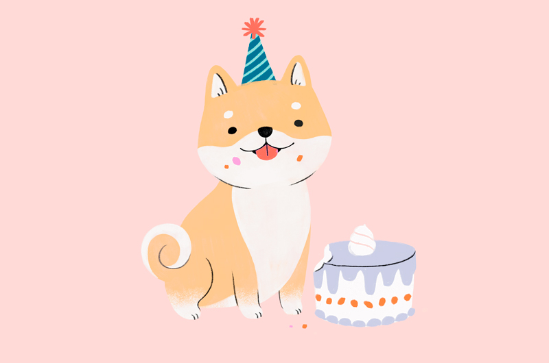 An illustration of a corgi dog with a party hat on, sitting next to a little cake.