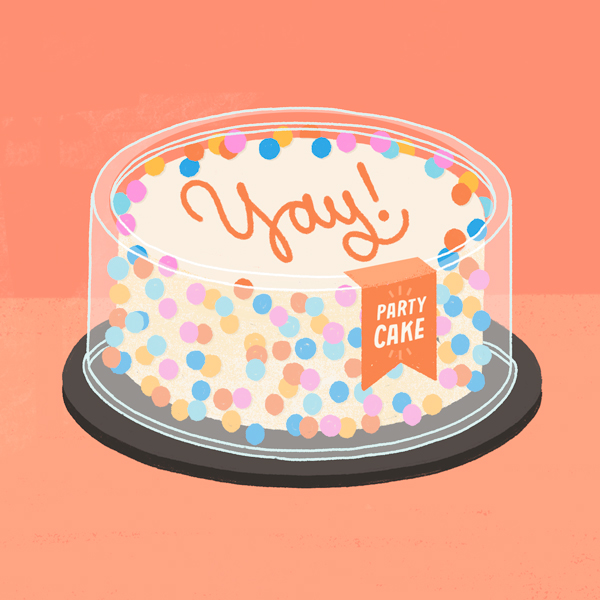 An illustration of a store-bought party cake, with rainbow colored sprinkles and the word