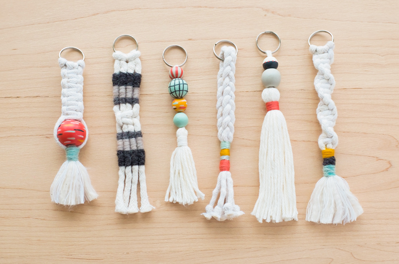 Six different styles of DIY macramé keychains.