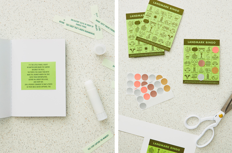 Landmark bingo cards with sheets of dot stickers and a pair of scissors lying nearby.