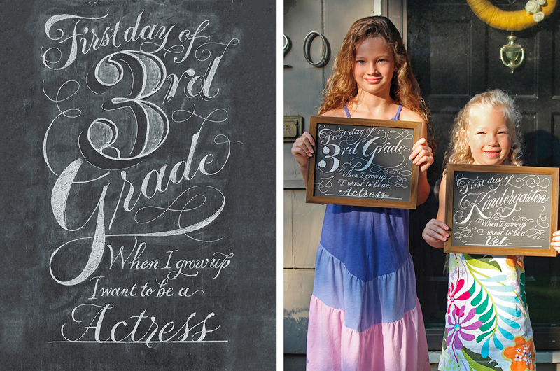 Designer Josh S.'s two little girls, holding framed back-to-school signs on their first day of third grade and kindergarten.