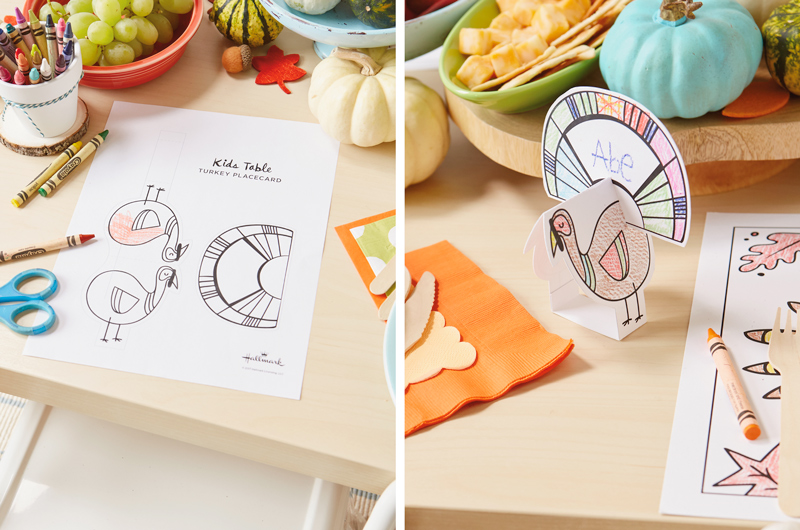 A kids Thanksgiving place card that turns into a 3D turkey when it's constructed.