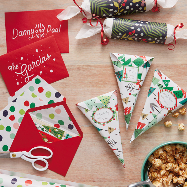A variety of holiday treat packages wrapped up in different ways, including rolls and cones.