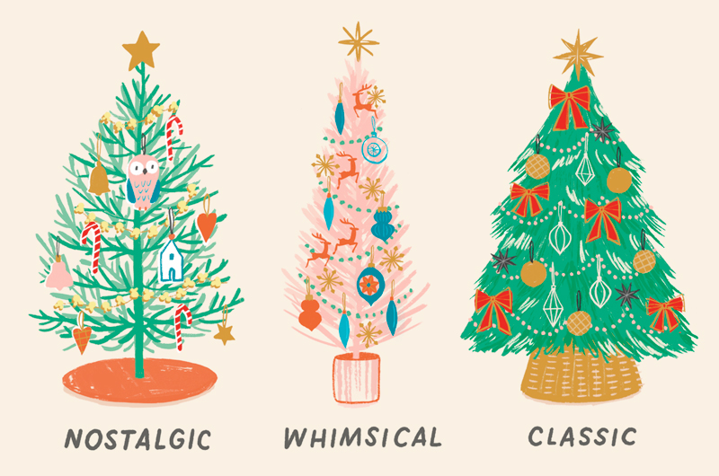 An illustration that depicts the different kinds of themes you can use for your Christmas tree, including nostalgic, whimsical and classic.