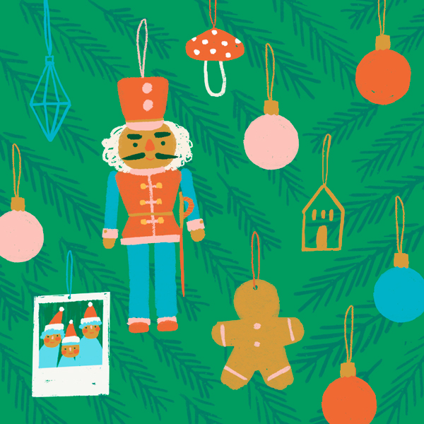 An illustration of a variety of Christmas ornaments hanging from evergreen branches.