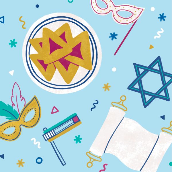 An illustration of Purim icons, including noisemakers, masks, hamentaschen, a Star of David, and a scroll.