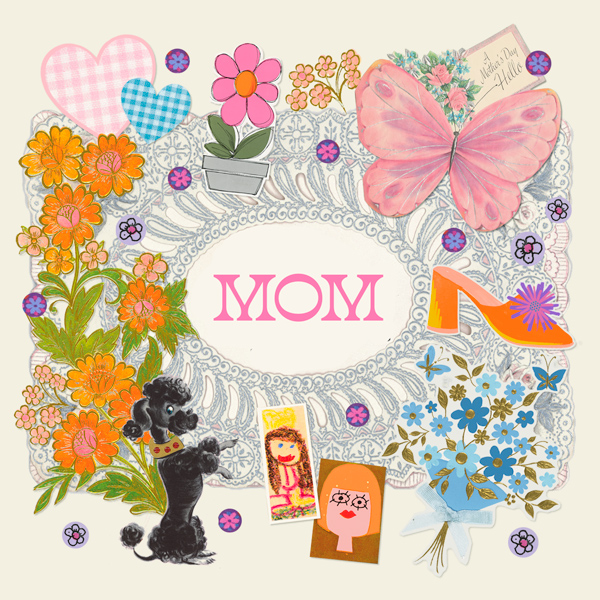 A collage of flowers, hearts, butterflies, children's drawings and lace patterns with the word