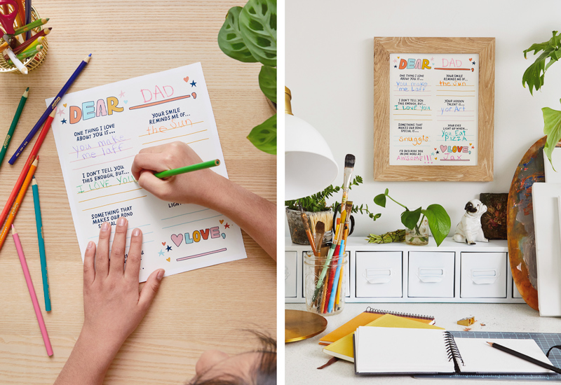 A child's hands fills out a free printable writing prompt page for Father's Day; it is addressed to dad and has prompts like,