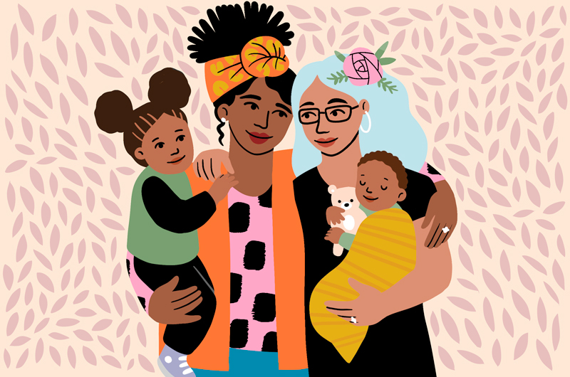 An illustration of two moms side-hugging as they each hold one of their two children.