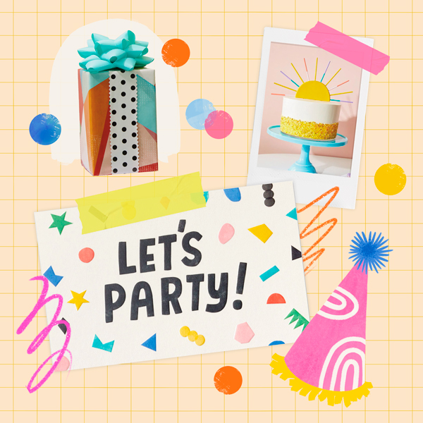 A collage-style illustration of a birthday gift, cake with colorful sunshine topper, and party hat, all surrounding a sign that reads,