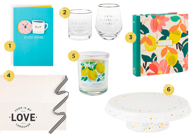 A selection of cooking or food related anniversary gift ideas including a card that features a sprinkle donut and cup of coffee and reads, 