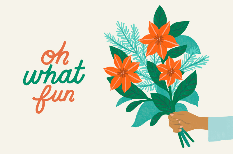 An illustration of a woman's hand holding a bouquet of poinsettias and evergreen branches; next to the bouquet is a lettered quote that reads, 