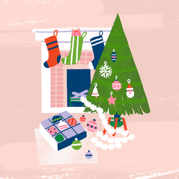 An illustration of a partially decorated Christmas tree in front of a fireplace; at its base sits a box of Christmas ornaments in different colors and patterns.
