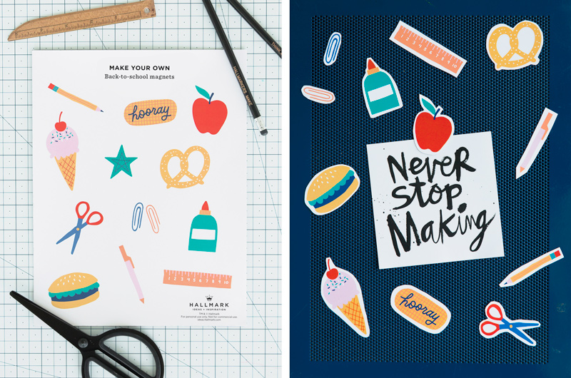 Our free DIY back-to-school magnets printable on a cutting mat with a pair of scissors, next to an image of the finished magnets scattered on a dark blue background.