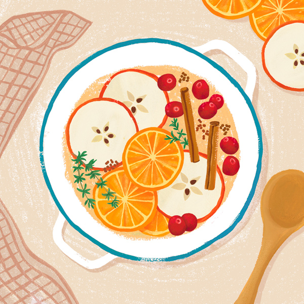 An illustration of a simmer pot with the ingredients for the 
