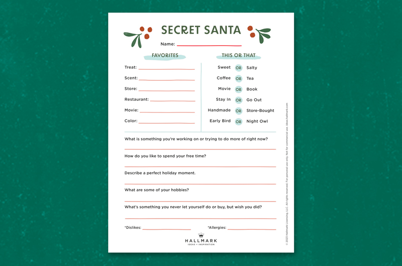Our free printable Secret Santa gift exchange survey can help a lot when it comes to deciding what to get!