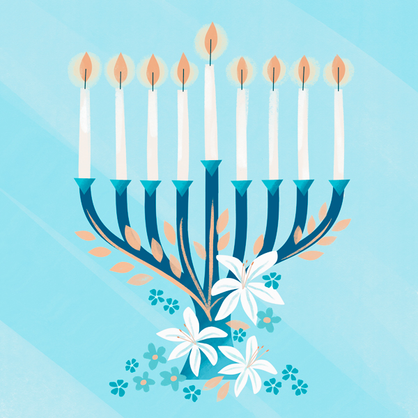 An illustration of a menorah with all nine candles lit; white, blue and gold flowers are twining up the base of the menorah.