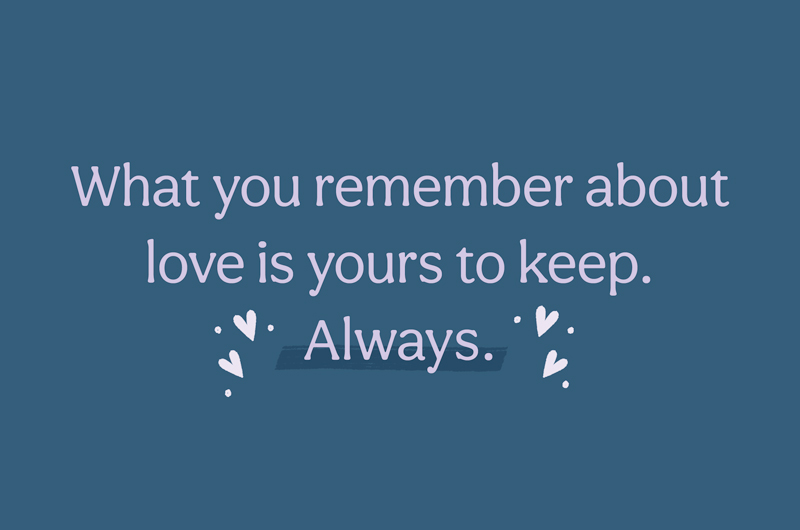 A typeset quote in light purple text on a dark blue background, embellished with simple light gray heart illustrations; the quote reads,