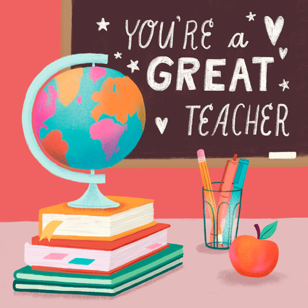 An illustration of a teacher's desk; on top of the desk is a stack of textbooks with a globe on top, a cup full of pencils and pens, and an apple; behind the desk is a chalkboard with a written message that reads,