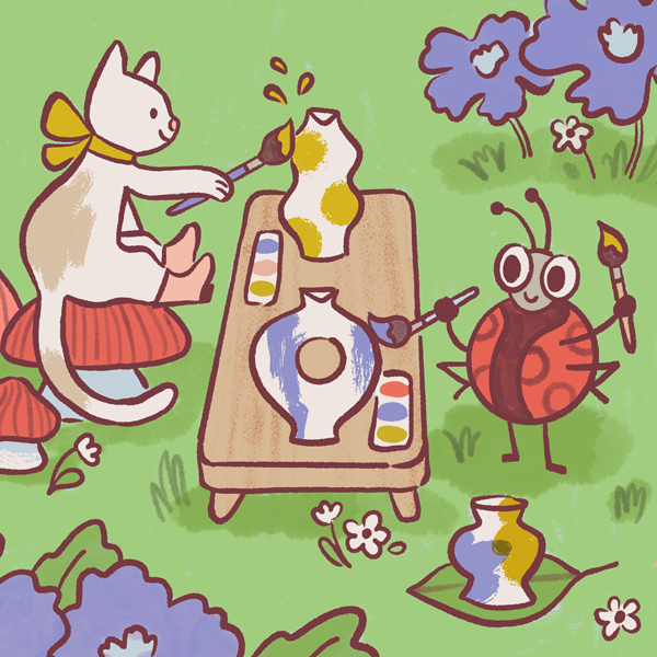 An illustration of a cat and ladybug painting pottery at a table.