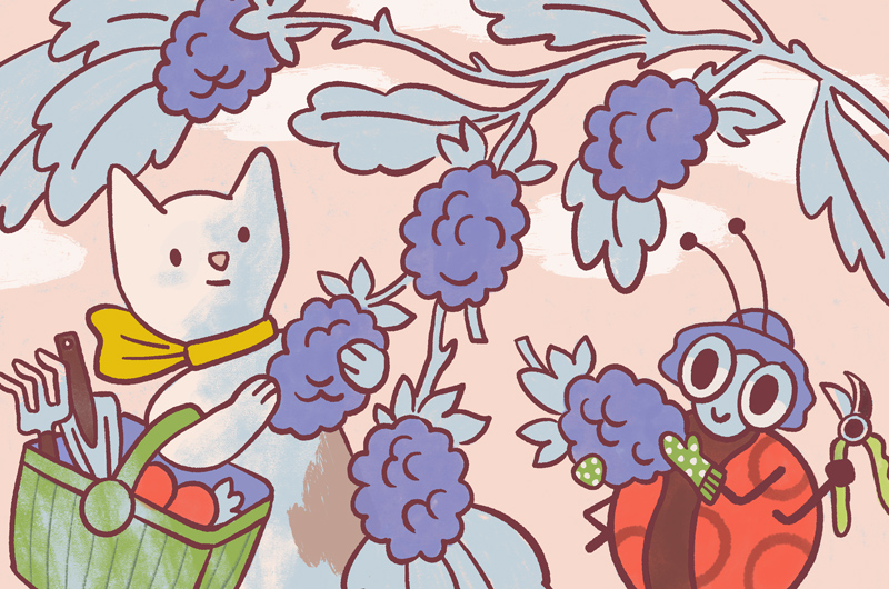 An illustration of a cat and ladybug gardening.