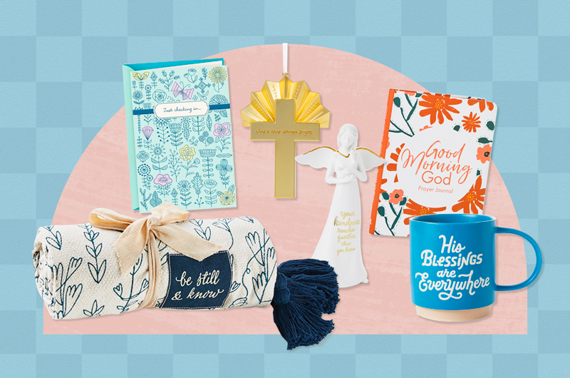 A selection of gift items meant for a faith-based college care package.
