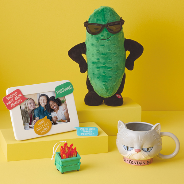 A collection of gifts from the new Shoebox gift collection featuring a large, interactive singing and dancing pickle, a grumpy cat mug, a dumpster fire charm for a Charmers wine glass, and a funny picture frame that features word balloons.