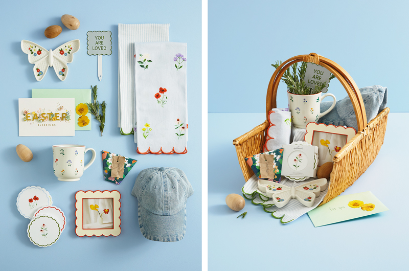 An Easter basket full of gift ideas for a garden lover, like floral printed tea towels, a mug, trinket dish and coasters; a small, scalloped-edge picture frame; a small plant stake that reads, 