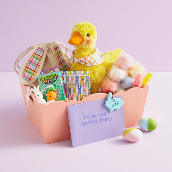 A selection of gifts for a kid's Easter basket, including a plush, interactive, egg-laying duck; a drawstring canvas bag with bunny ears and a puffy bunny tail; a treat bag covered in a repeating pastel bunny print; a Better Together ornament set featuring a white bunny and a carrot; a handmade bunny name tag; a pack of Crayola Colors of Kindness crayons; and a pack of pastel, egg-shaped sidewalk chalks.