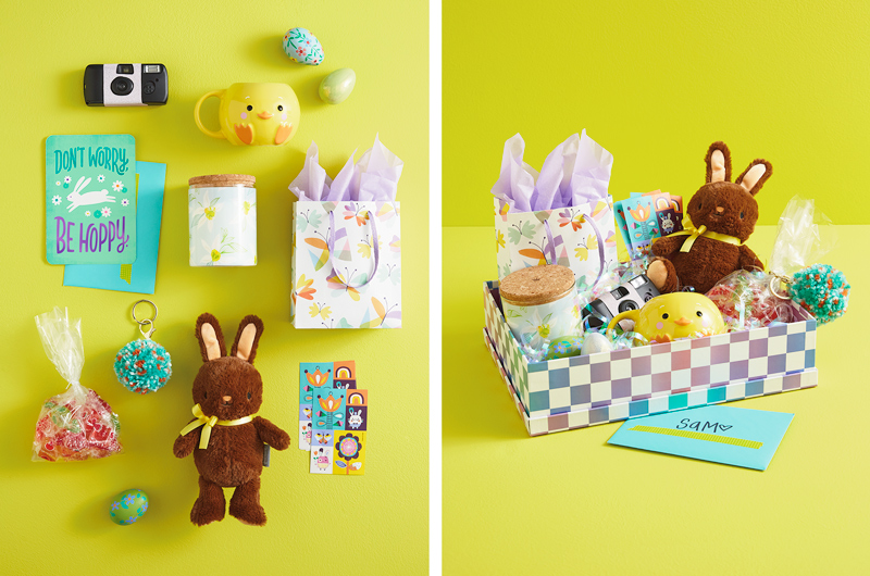 A selection of Easter gifts for an older kid or teen, including a chocolate-scented, brown, stuffed Easter bunny; a springy-scented candle; a DIY pompom keychain; a cellophane bag of treats; sheets of Easter stickers; a figural mug shaped like a round, yellow, baby chick; a disposable camera; and a cute Easter card with a bunny illustration on the front and a message that reads, 