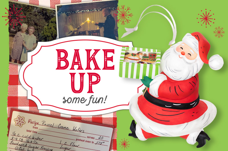 An ornament in the shape of Santa carrying a box of baked goodies next to personal photos and a recipe card with a headline that reads 
