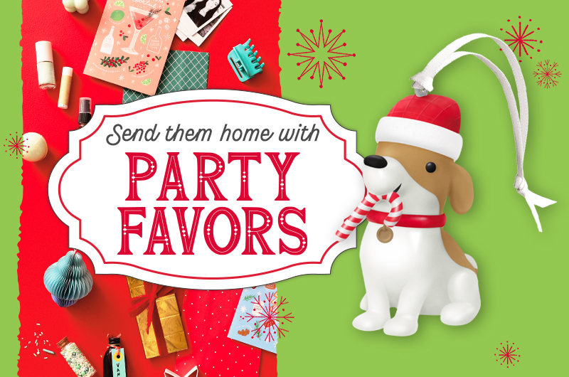 A Keepsake Ornament of a small dog in a Santa hat holding a candy cane in its mouth, alongside small gift items meant as party favor ideas.