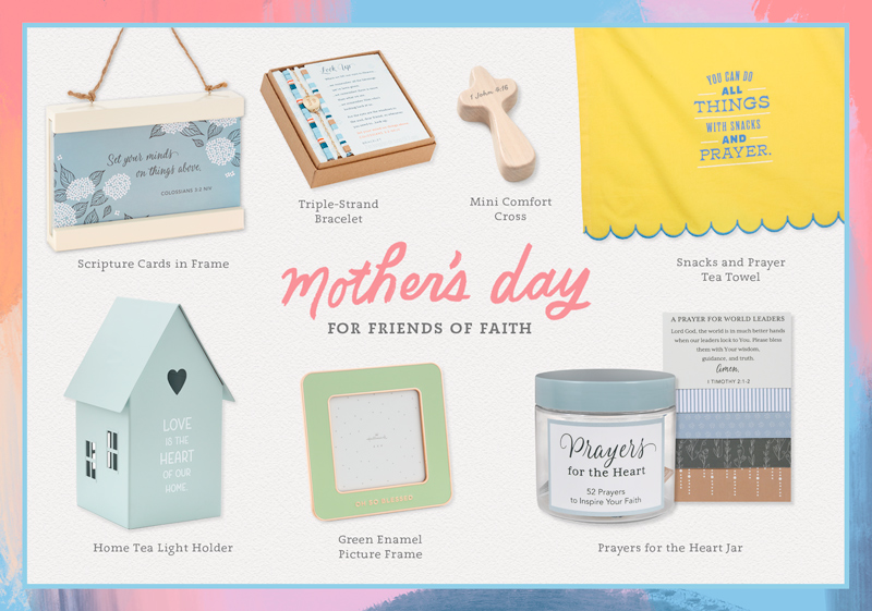 A collection of Mother's Day gifts ideal for religious friends include a tea towel that reads, 