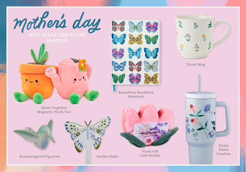 A collection of Mother's Day gifts ideal for plant parents includes a Better Together plush duo of a potted plant and a watering can, a hummingbird figurine, a garden stake in the shape of a butterfly, a plush gift card holder shaped like a tulip, a floral water tumbler, a floral mug, and a hardback notebook covered in a colorful butterfly print.