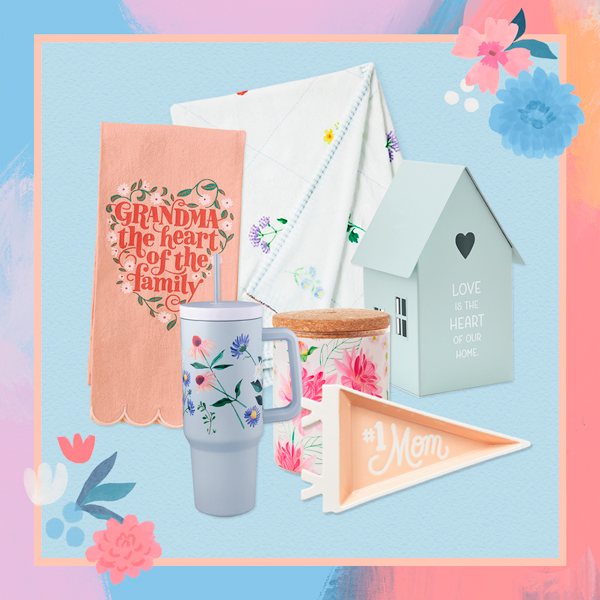 A collection of Mother's Day gifts meant for different mother figures in people's lives, including a tea towel for Grandma that reads, 